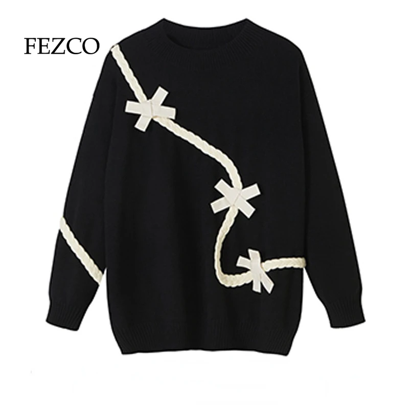 

FEZCO Autumn Winter Women Bows Loose Knitted Pullovers Sweater Japanese Korean Fashion Design Punk Girls Y2k Cottagecore Tops