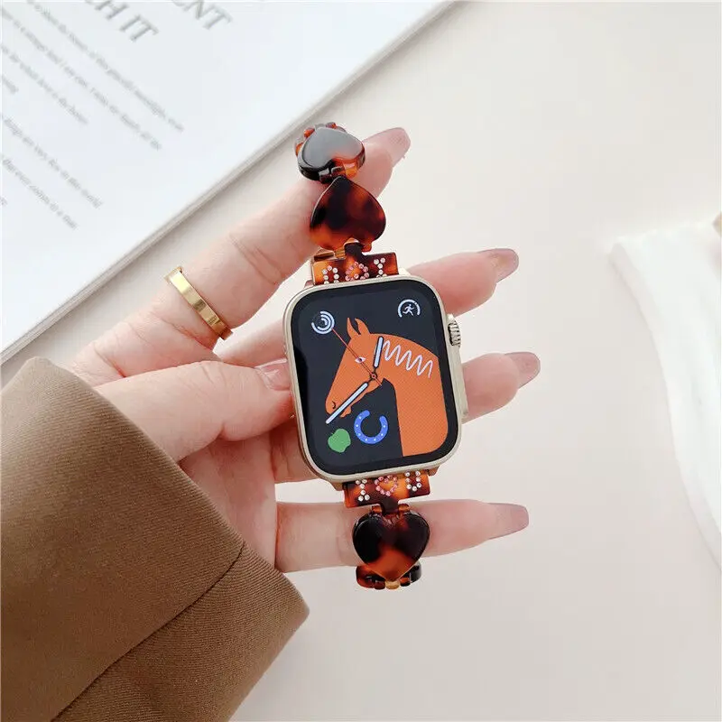 Love Heart Tortoise Shell Resin Wrist Band Strap For Apple Watch Series 8 7 6 5 4 SE 3 2 1 45mm 44mm 42mm 40mm 38mm