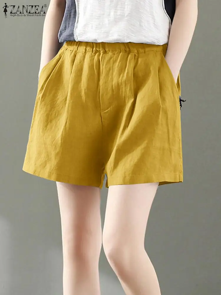 

ZANZEA 2022 Casual Solid Shorts Women Summer Trousers Kaftan Elastic High Waist Shorts Female Holiday Pantalon Palazzo Oversized