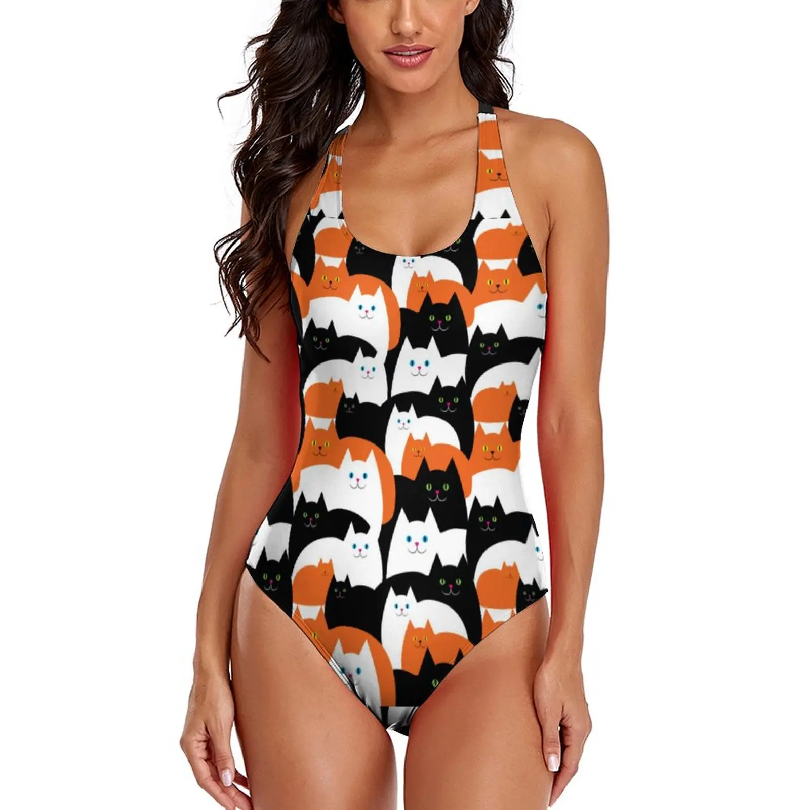 Halloween Cat Swimsuit Funny Cats Trick Or Treat Whole Sale Corrective Swimwear Festival 1-Piece Teenage Bathing Suit
