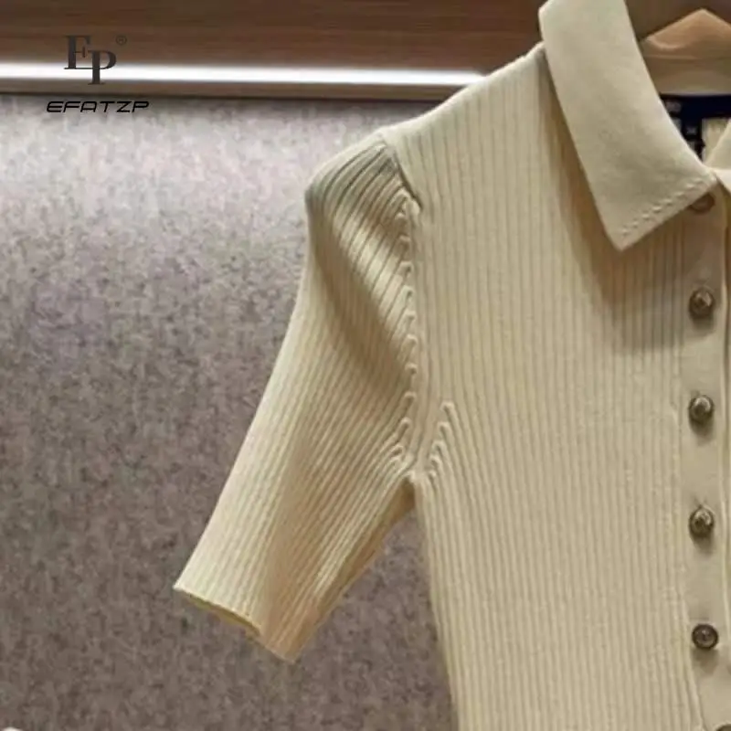 

Polo Collar Knit Dress Women 2022 Summer Single Breasted Side Slit Slim Fit Short Sleeve Rib Slim Fit Maxi Dress
