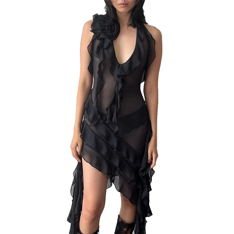 

Сексуальное платье с глубоким V-образным вырезом и лямкой на шее, женское модное Прозрачное платье без рукавов с оборками, летние шикарные женские платья для ночного клуба Y2K