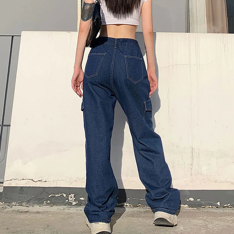 Korean Fashion Pocket White Women Streetwear High Waist Jeans Vintage Straight Harajuku 2021 Denim Pants Cargo Pants Mom Jeans