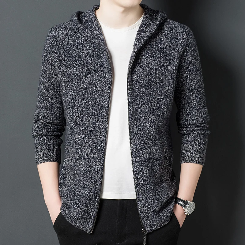 Men's Hooded Cardigan Sweater 2022 Autumn and Winter New Leisure Warm High-End Pure Wool Sweater Coat Men