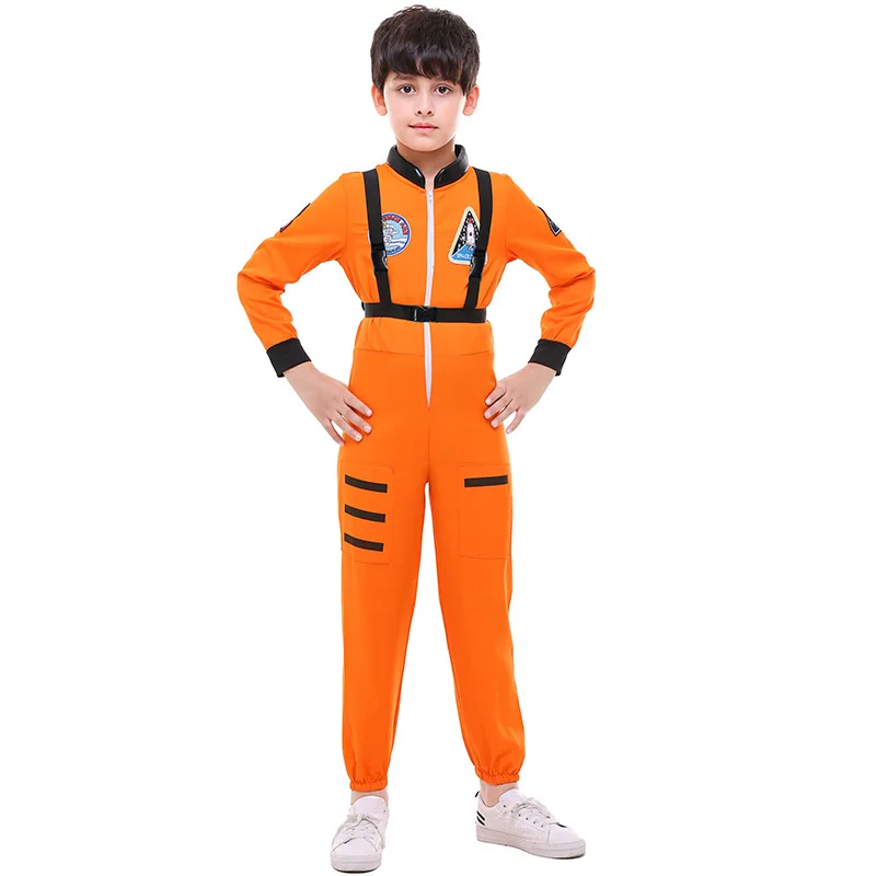 

Boy White Orange Astronaut Costume Space Mens Suit Jumpsuit With Strap Kid Gift Book Week Outfit Size S-XL