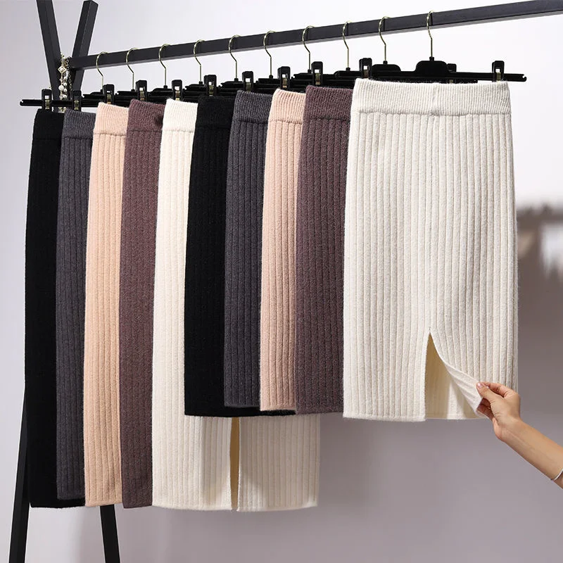 

2023 All Season Women Stretchable Knitted Bodycon Pencil Sweater Skirts High Waist Short & Long Bandage Female Pencil Y2k Falda