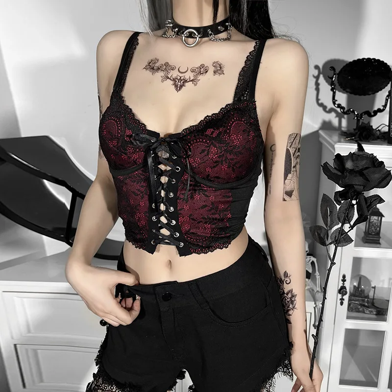 

Sexy Bandge Black Lace Camis Women Gothic Spaghetti Strap Backless Bodycon Crop Tank Vintage E Girl Summer Camisoles