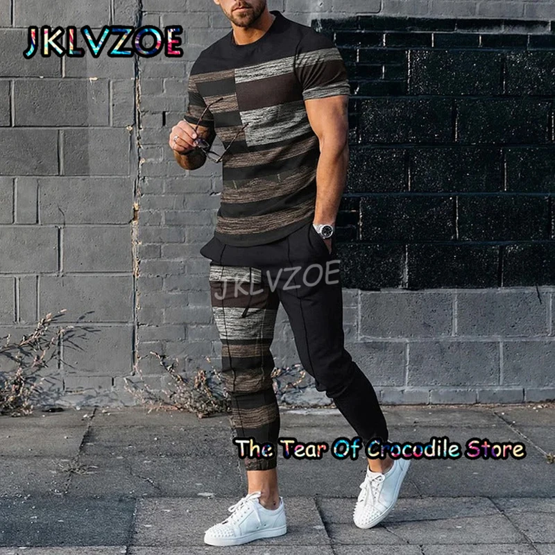 Summer Stripe Men's T Shirt+Trousers Tracksuit 2 Piece Set 3D Printing Newest Casual Short Sleeve+Pants Street Casual Clothes
