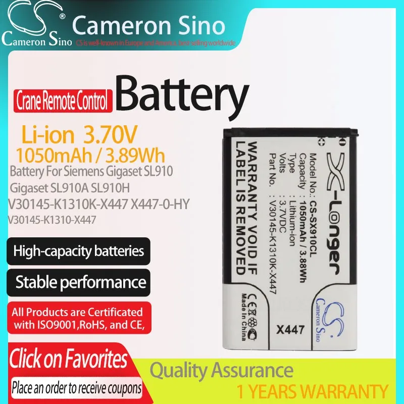 

CS Battery for Siemens Gigaset SL910 SL910H SL910A fits V30145-K1310K-X447 K1310-X447 X447-0-HY Cordless Phone battery 1050mAh