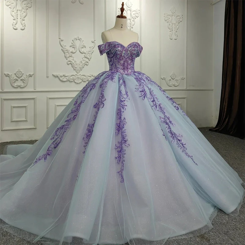 

Purple Quinceanera Dresses Sequin Applique Formal Birthday Party Prom Ball Gown Vestidos De 15 Anos Corset