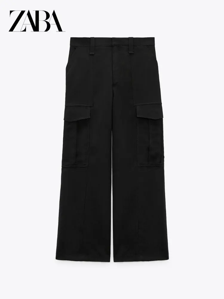 

ZABA ZAR ZA Women's Autumn and Winter New High Waist Thin Loose Casual Pants Pocket Decoration Straight Pants Black Overalls