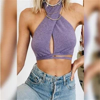 spring and summer womens fashion street shooting sexy all match self cultivation backless navel small vest purple halter top