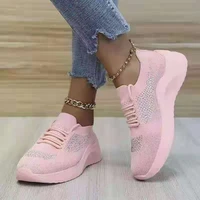 summer new large size womens shoes breathable sneakers womens mesh rhinestone flying woven casual wedge running shoes