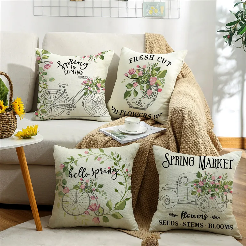 

Spring Flowers Linen Pillowcase Home Decor Bike Truck Print Cushion Cover Living Room Sofa Decorations Pillow Case 45x45CM