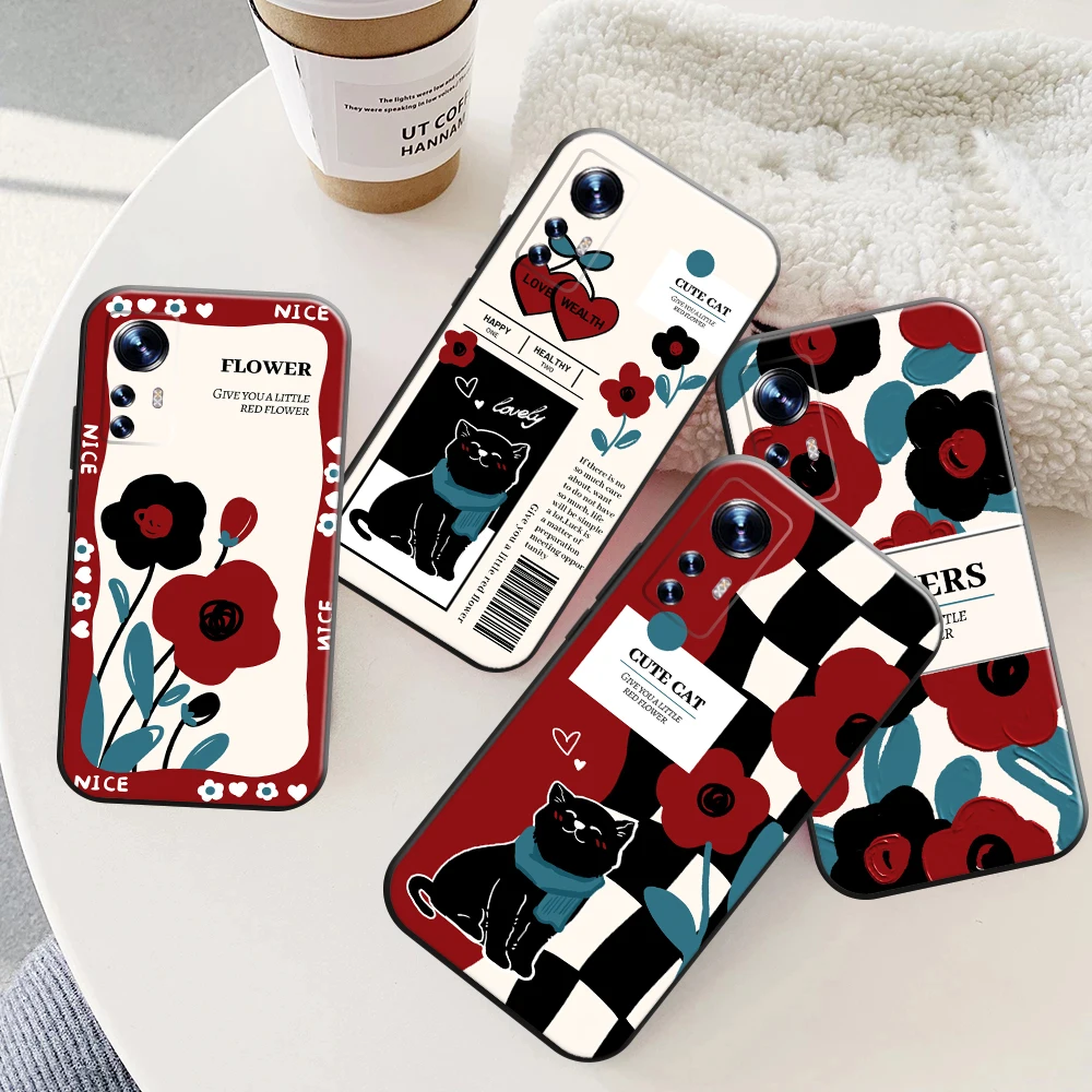 

Fashion Art Flower Cat Phone Case For Xiaomi Redmi Note 11 Pro 11 5G 11S Note 10 9 Note 9 Pro Carcasa Funda Silicone Cover