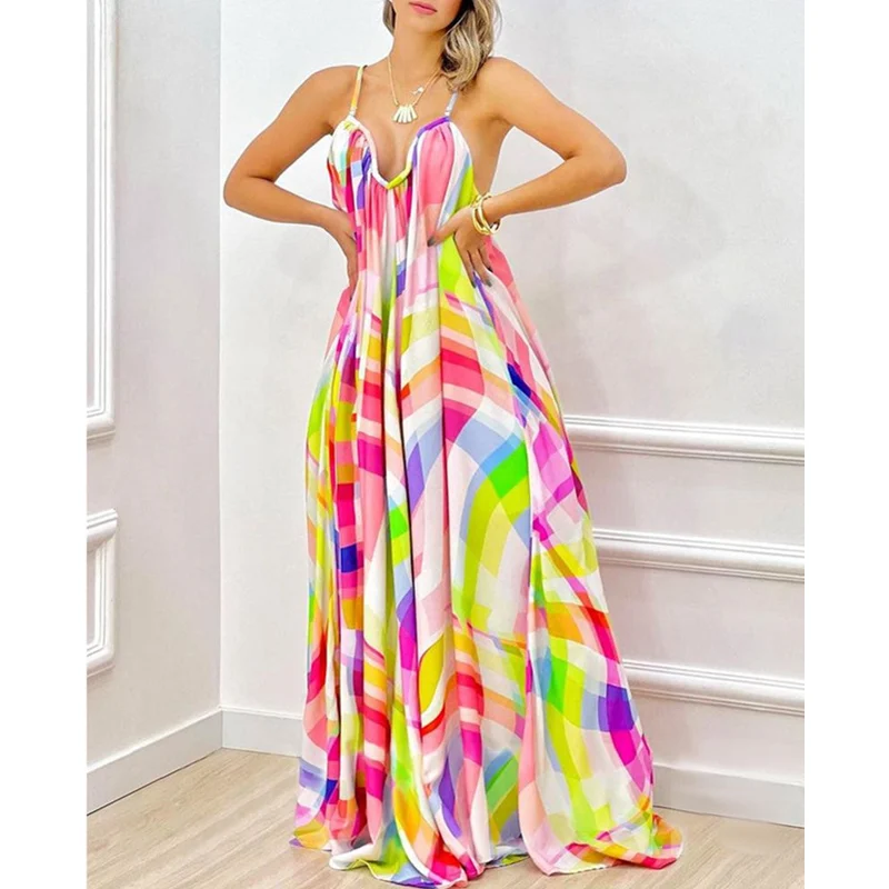 

Женское платье-макси на бретельках, с геометрическим принтом