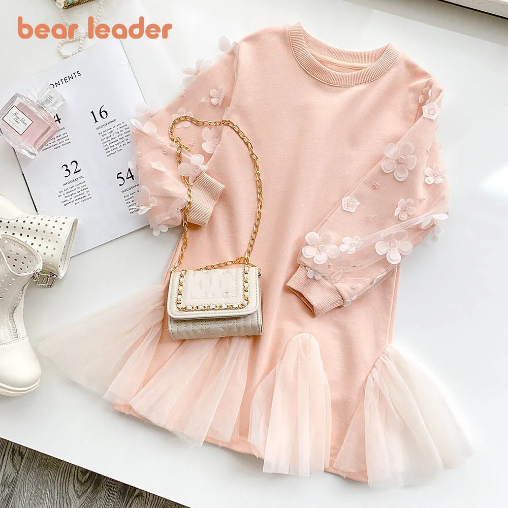 

Bear Leader Girls Dress Spring and Autumn Girl Mesh Princess Dress Korean Kids Girls Lace Flower Long Sleeved Dresses Clothes