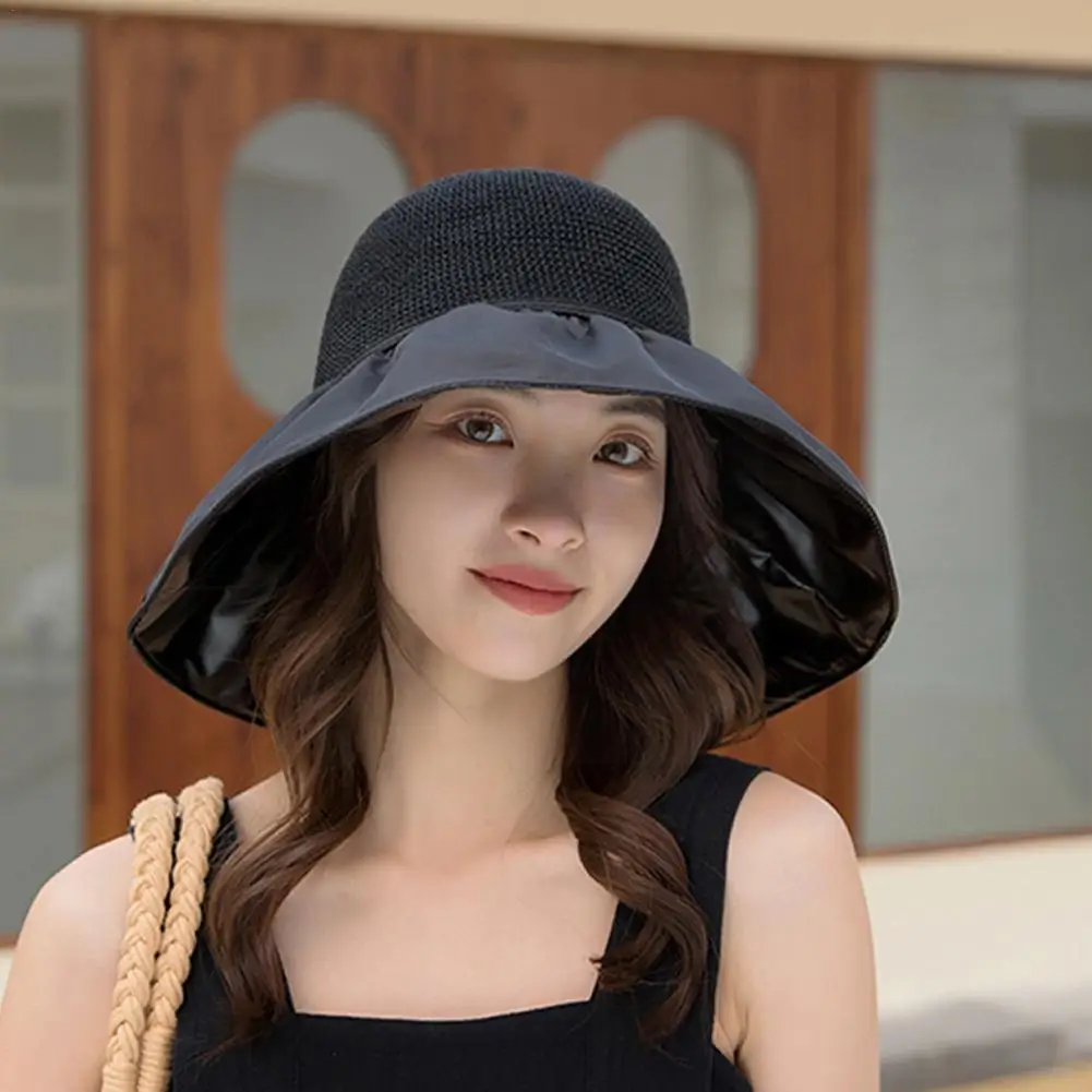 

Foldable Anti-UV Ribbon Pouch Sun Hat, UPF 50+ Wide Sun Bucket Hat, Packable Bowknot Brim Hat Shade Ribbon Beach Straw Buck Q7D5