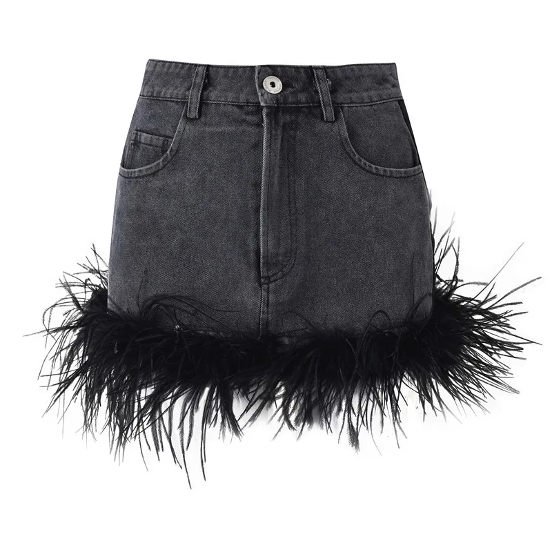 2023 Fashion Women's Denim Skirt High Waist Streetwear New Trendy Patchwork Black Feather A-line Skirts S3712