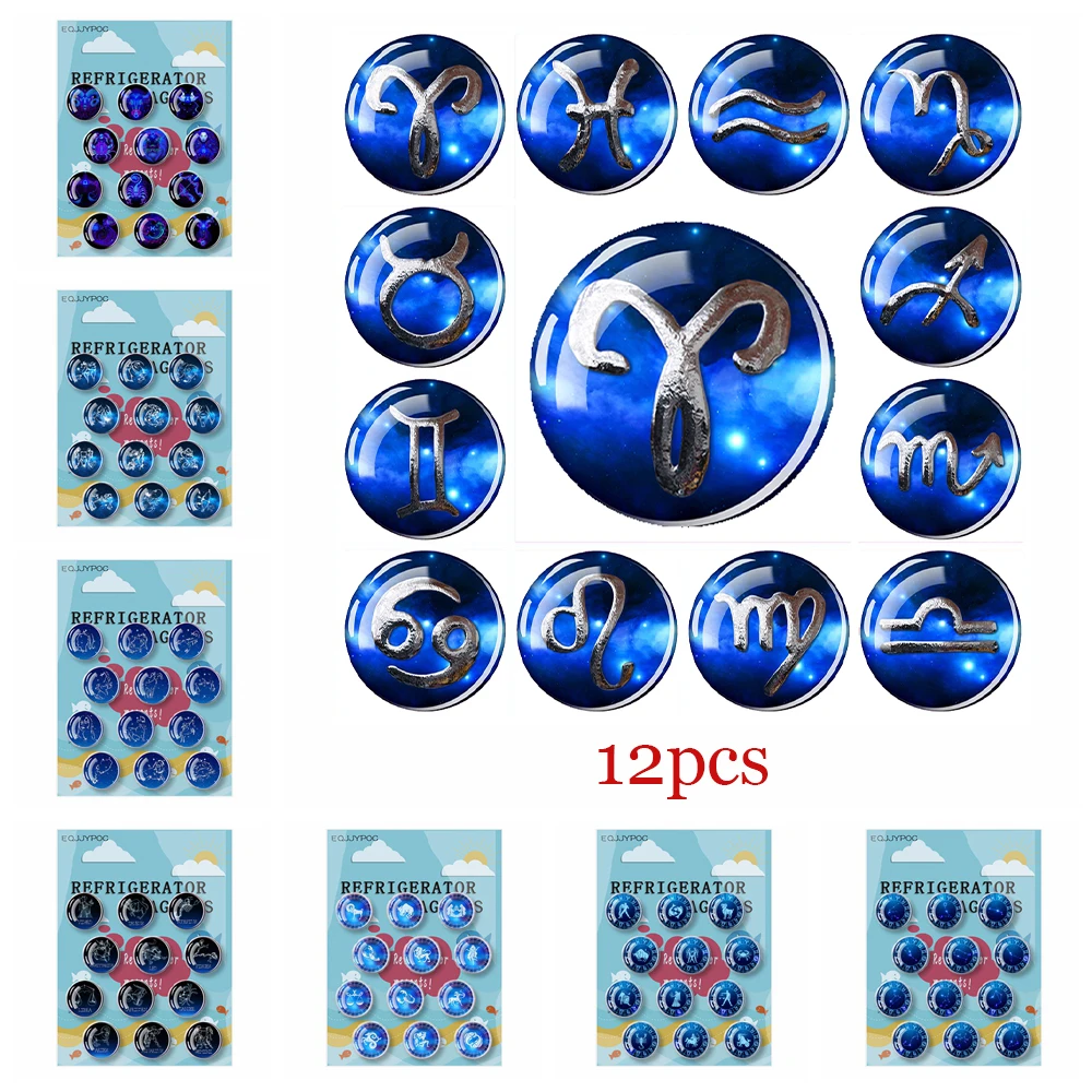 

12 Constellations Fridge Magnet Scorpio Leo Pisces Zodiac Sign Refrigerator Magnets Stickers Glass Cabochon Home Decor 12pcs/Set