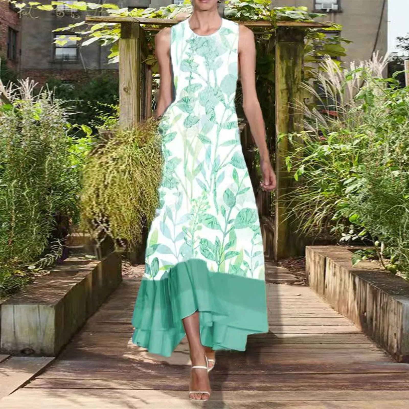 

Womens Spring Summer Daily Casual Round Neck Sleeveless Prints Long Dress Dresses for Women Work Casual Cotton Blue Floral Dress