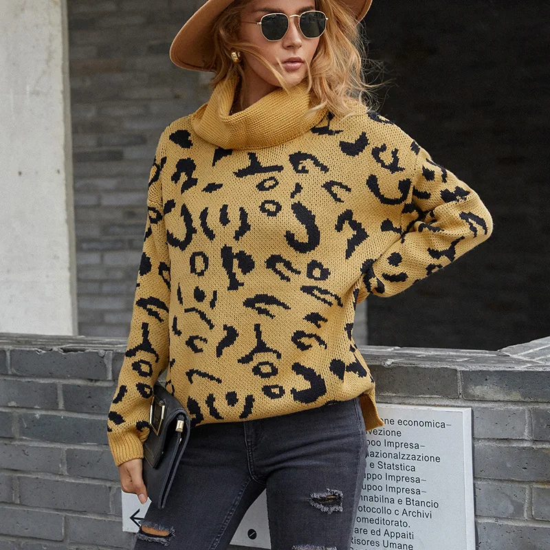

Thicken Leopard Knitted Sweater Women Grey Back Split Lapel Pullover Autumn Winter Street Fashion Khaki Warm Looe Casual Jumpers
