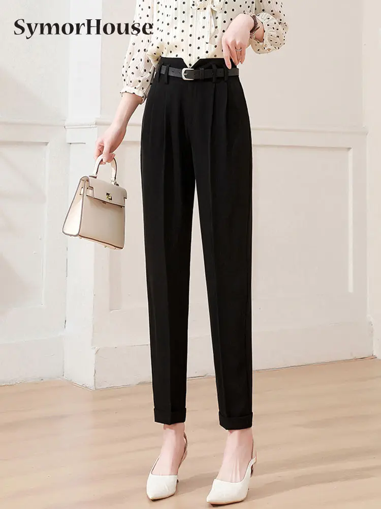 

Pants Women Belt 2022 Spring Summer Vintage Pockets Korean Style Harajuku High Waist Harem Ankle-Length Pants Office Ladies