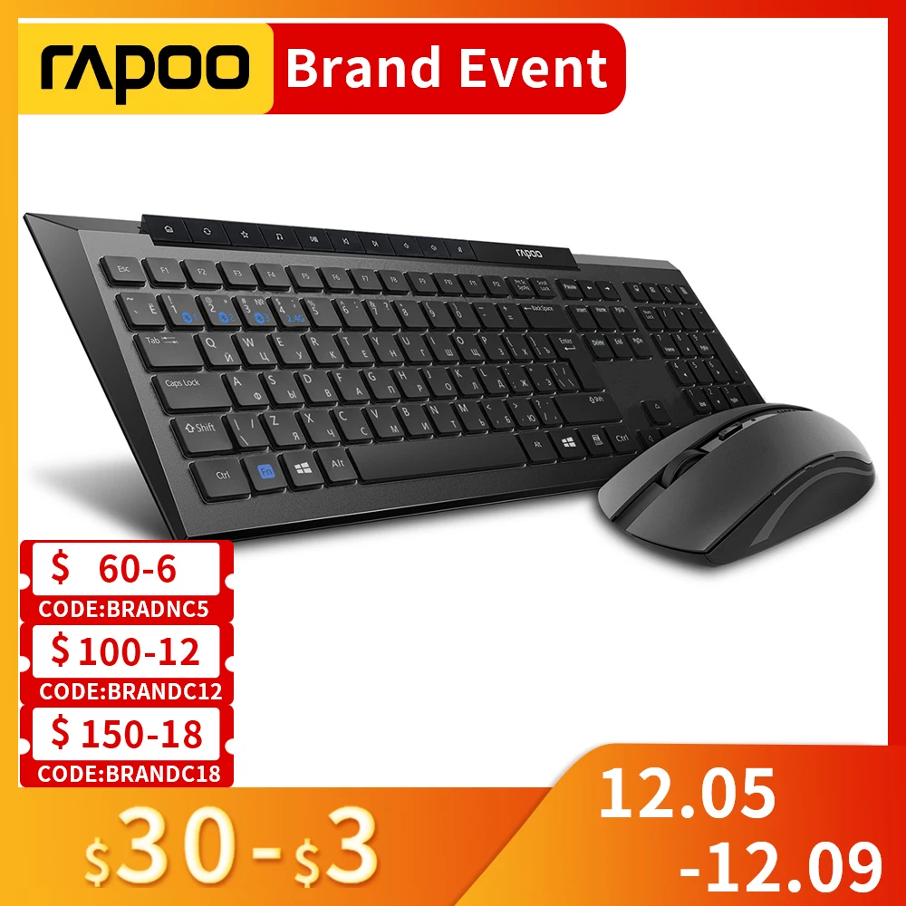 Rapoo 8210M Multiple Mode Wireless Keyboard and Mouse Russian Keyboard Optical High Definition Tracking Engine 1600 DPI Mouse