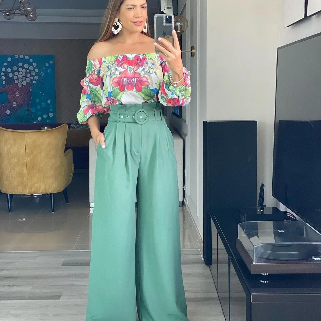 

2023Casual slim suit, New Women's Fashion Sexy Bra Print Lantern Sleeve Top High Waist Straight Trouser Set