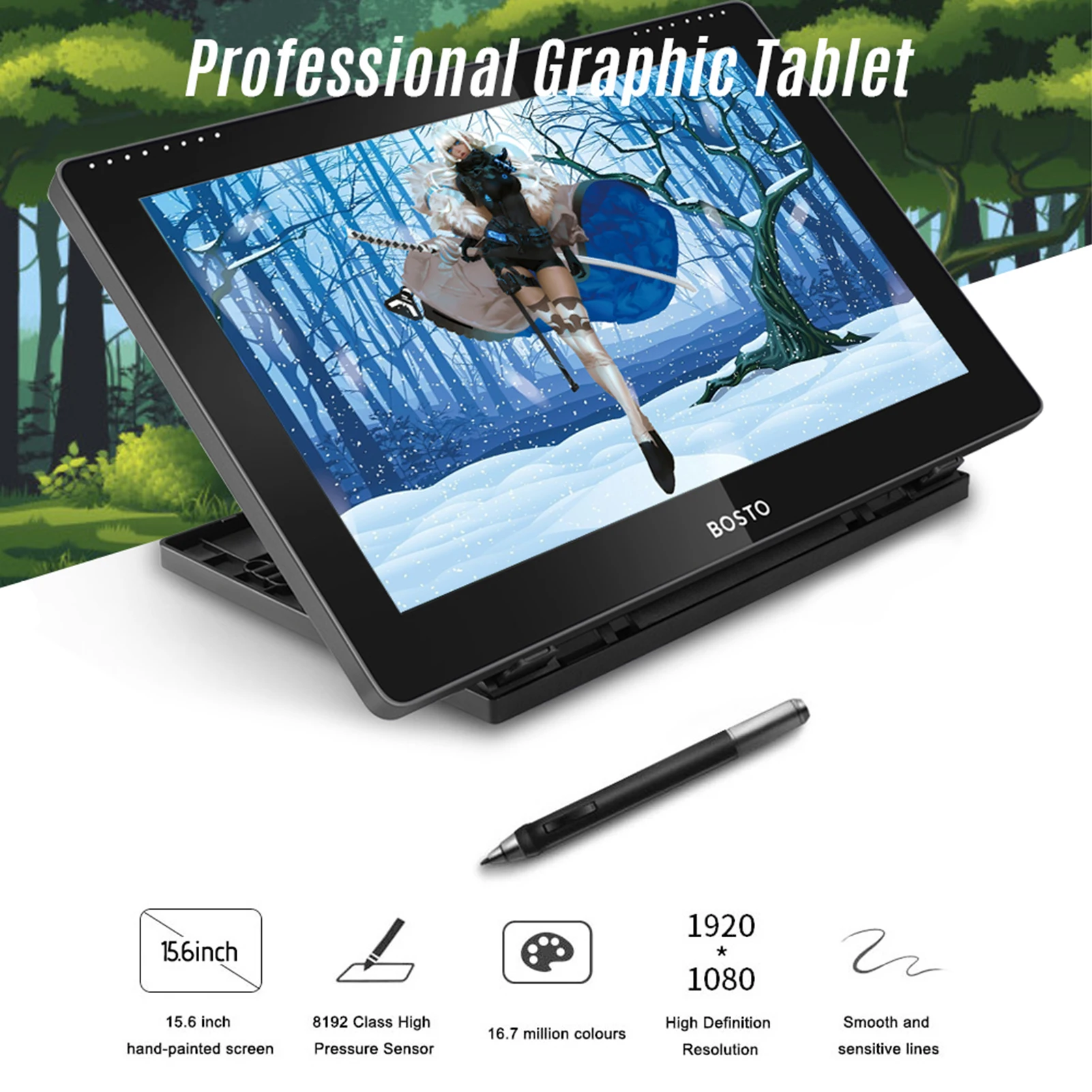 

BOSTO 16HD IPS HD Graphics Drawing Digital Tablet Monitor Pen Display with 8 Shortcut Keys & 8192 levels Rechargeable Stylus Pen