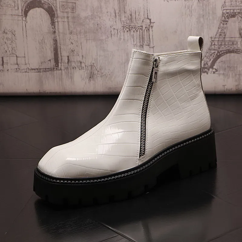 British New Men's White Chelsea Boots Fashion Squared Toe Leisure Brogue Shoes Python Snake Office Caeer Footwear 38-43 ERRFC