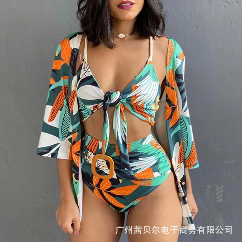 

Women's Sexy Beach Print Bikini Three-Piece Suit Women's Spaghetti Strap V-neck Bandage Swimsuit Bra Swimming Trunks Coat Suit