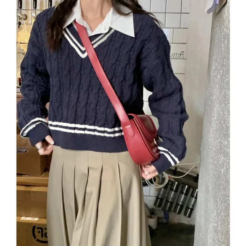 Весенне-осенний женский свободный повседневный пуловер с v-образным вырезом в