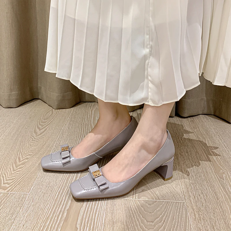

Elegant Bowknot Decorated Women Pumps Shallow Square Heels Spring Ladies Work Shoes Square Toe 5cm High Heels Shoes for Woman