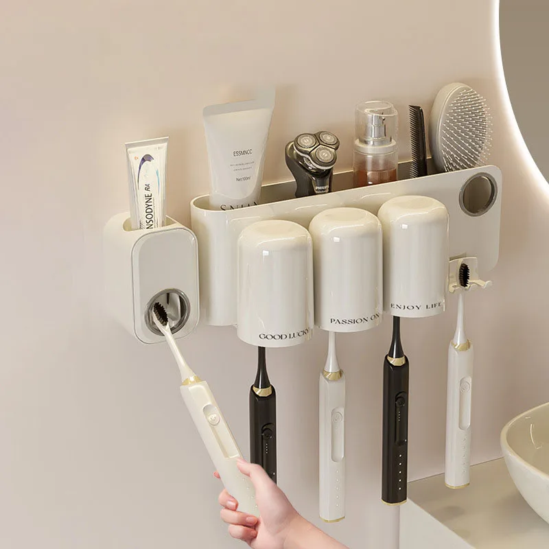 

Wall-mounted Toothbrush Holder with Mouthwash Cup No punching Toothpaste Squeezer Rack Toilet shelf Bathroom Storage Accessories