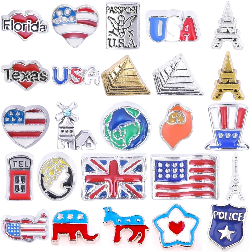 20pcs/Lot Colorful American Flag Florida Eiffel Tower Egyptian Pyramids Flating Charms For Glass Locket DIY Making Accessories
