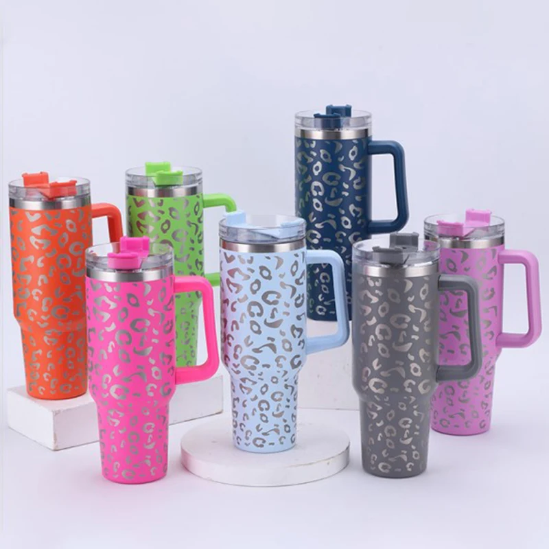 

40oz Leopard Print Style Car Thermos Cup with Handle Coffee Insulated Tumbler Straw Stainless Steel Car Vacuum Flasks tumbler