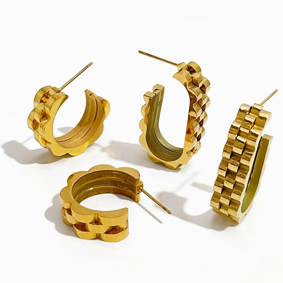 

Peri'sbox Stainless Steel Chunky Gold Plated Watchband Hoop Earrings Women Geometrical C U Shape Thick Hoops Jewelry Statement