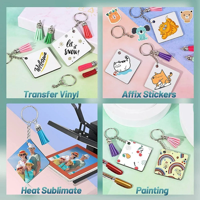 

120 шт. квадратная твердая доска, пустая сублимационная термопередача, брелок с кольцом для ключей, пусковое кольцо, кисточка для изготовлени...