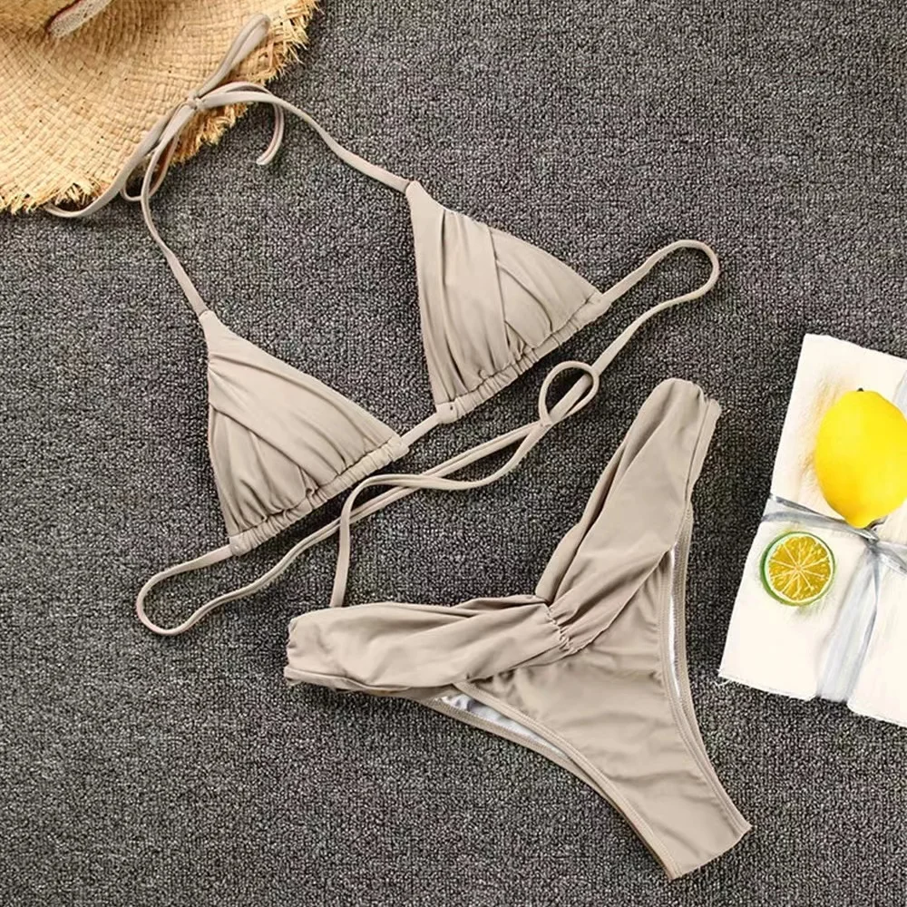 Фото Sexy Micro Bikinis 2022 Women Halter Brazilian Bikini Set Female Pleated Swimsuit New Triangle Swimwear Beach Wear Bathing Suit №3