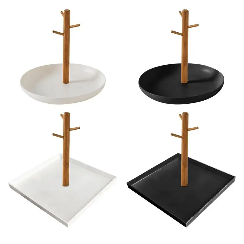 

Wooden Key Holder Tray Bamboo Key Bowl With 3-Tier Vertical Hanger Multi-Functional Entryway Tray Perfume Tray Key Rack Ring