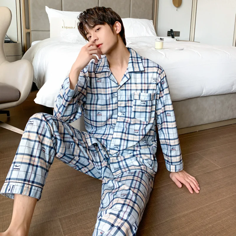 2022 New Men's Pajamas Spring and Autumn Long-sleeved Trousers Cardigan Pajamas Thin Cotton Spring and Summer Homewear Suit