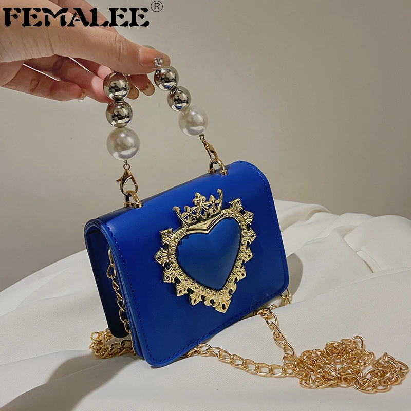 

FEMALEE Klein Blue Metal Heart Crown Mini Bag for Women Fashion Baroque Style Tote Lady Beading Chain Purse Small Flap Handbags