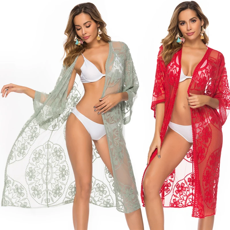

Women Beach Cardigan Swimming Suit Bikini Cover-Up Lace Floral See Through Rash Guard Casual Sexy Mesh Swimwear Outer Beachwear