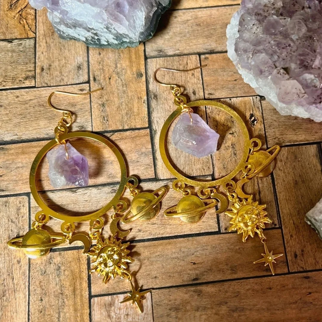 

Amethyst Planet Charm Earrings Star Moon Sun Pendant Earrings For Women Fashion Party Jewelry Accessories Gift Earrings Women