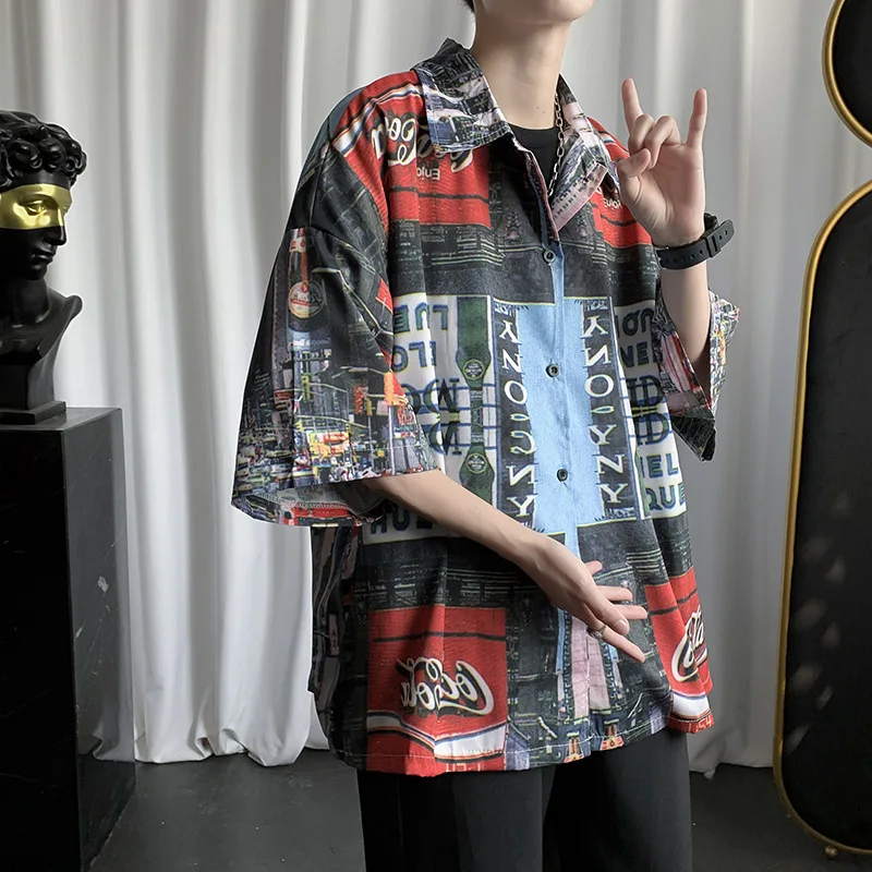 Tie dyed short sleeved shirt men's Style cross-border leisure ruffian handsome flower personality trend summer thin coat