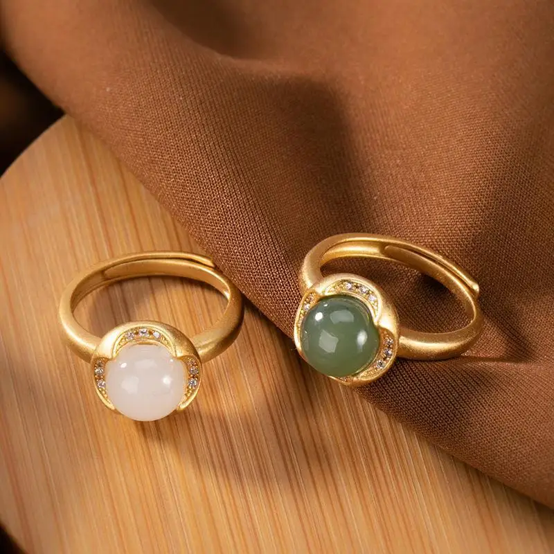 

[Gongyue] Hetian White Jade Ring Female Natural S925 Sterling Silver Diamond-Embedded Open Chinese Retro National Style Ring
