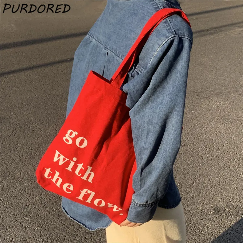 

PURDORED 1 Pc Go with The Flow Shoulder Bag Canvas Women Reusable Red Shopping Bag Large Tote Bag Fashion School Shoulder Bags