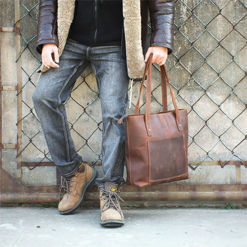 Simple vintage high-quality natural genuine leather men women tote bag casual crazy horse cowhide large-capacity laptop handbag