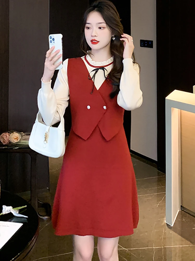 

Модные вязаные шерстяные свитера в стиле пэчворк, Осень-зима, шикарное платье с воротником с оборками и бантом, черное корейское повседневн...